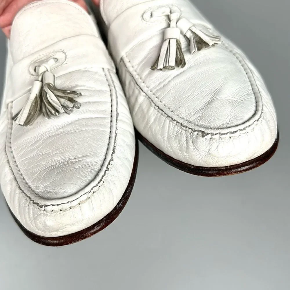 Bruno Magli White Leather Tasseled Loafers Slip On Handmade in Italy 11,5
